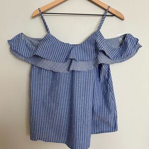 A New Day Blue White Striped Off the Shoulder Ruffle Top